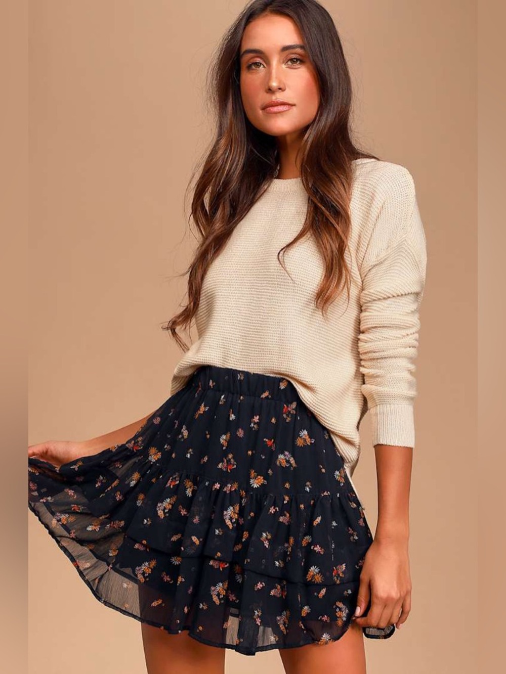 Free People From the Valley Black Floral Print Ruffle Mini Skirt